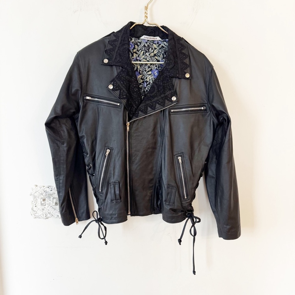 Vintage 80s 90s Lone Ranger Black Leather Moto Jacket Boho Crochet Lace Floral M